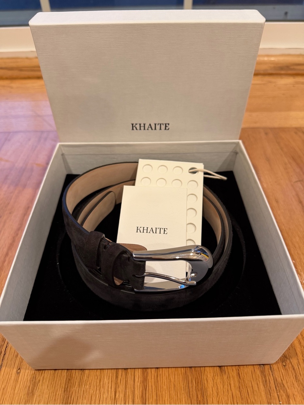 New KHAITE Dome Belt Brown Suede Silver Hardware Size 85